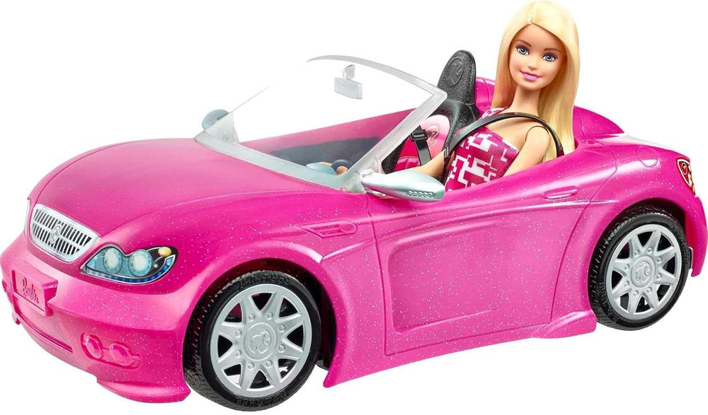 Poupée Barbie et cabriolet à paillettes roses, pneus réalistes, logo, jouet pour 3 ans et plus, DJR55