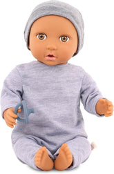 LullaBaby - Chiot bébé - Einteiler & Mütze - 36 cm Réaliste Baby-Puppe - Yeux marron noisette et corps doux - Barboteuse & Schnuller-Zubehör - Jeu de simulation - Kinder 2 Jahre +