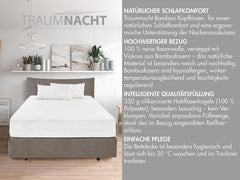 Oreiller Traumnacht en bambou avec fibres de bambou, hypoallergénique, antibactérien Ensemble d'oreillers avec fermeture éclair, composé de 2 oreillers 40X80Cm, certifié Oeko-Tex, développé en Allemagne Oreillers standards Naty Shop