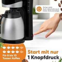Cafetieră Bomann® cu termos | pentru 8-10 cești de cafea | fără pierderi de temperatură | cafetieră cu filtru | 1 litru | Espressor | Cafetieră cu filtru cu termos | KA 168 negru