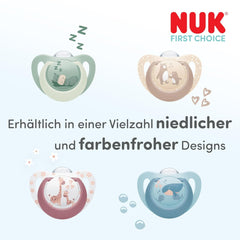 NUK First Choice Sucette de nuit pour bébés | 6-18 mois | Sucettes orthodontiques qui brillent dans le noir | Apaise 99% des bébés** | Lapin/Mouton | Pack 0-2