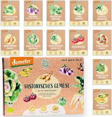 Ensemble de graines de légumes biologiques - 12 variétés de graines de légumes Demeter | Graines de légumes rares et familiales, toutes pollinisées librement | Variétés de légumes familiales pour balcons, plates-bandes surélevées, jardins et cadeaux | Plantes d'amour