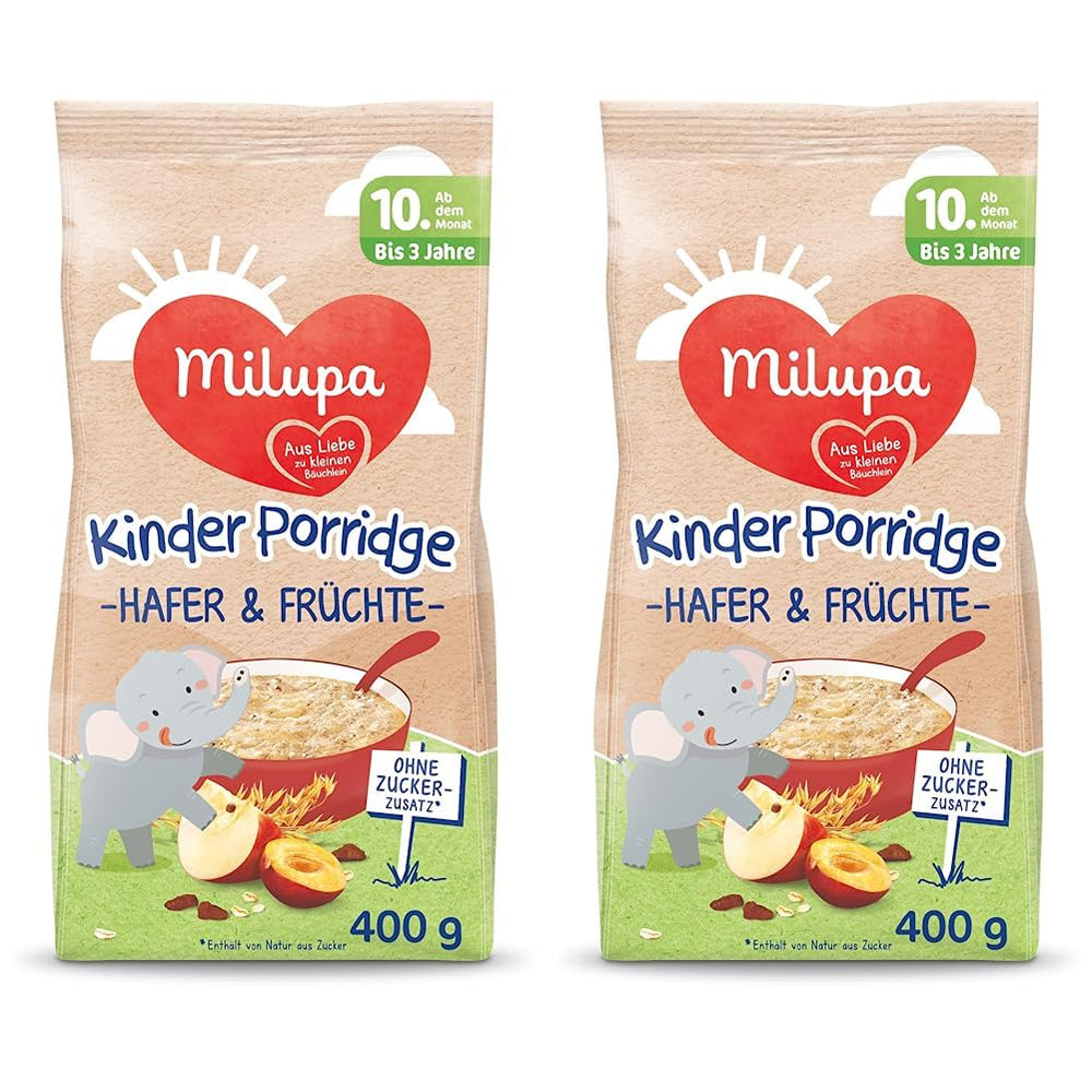 Terci pentru copii Milupa – Terci de ovăz și fructe de la 10 luni la 3 ani, hrană pentru bebeluși, 1 x 400 g (pachet de 2)