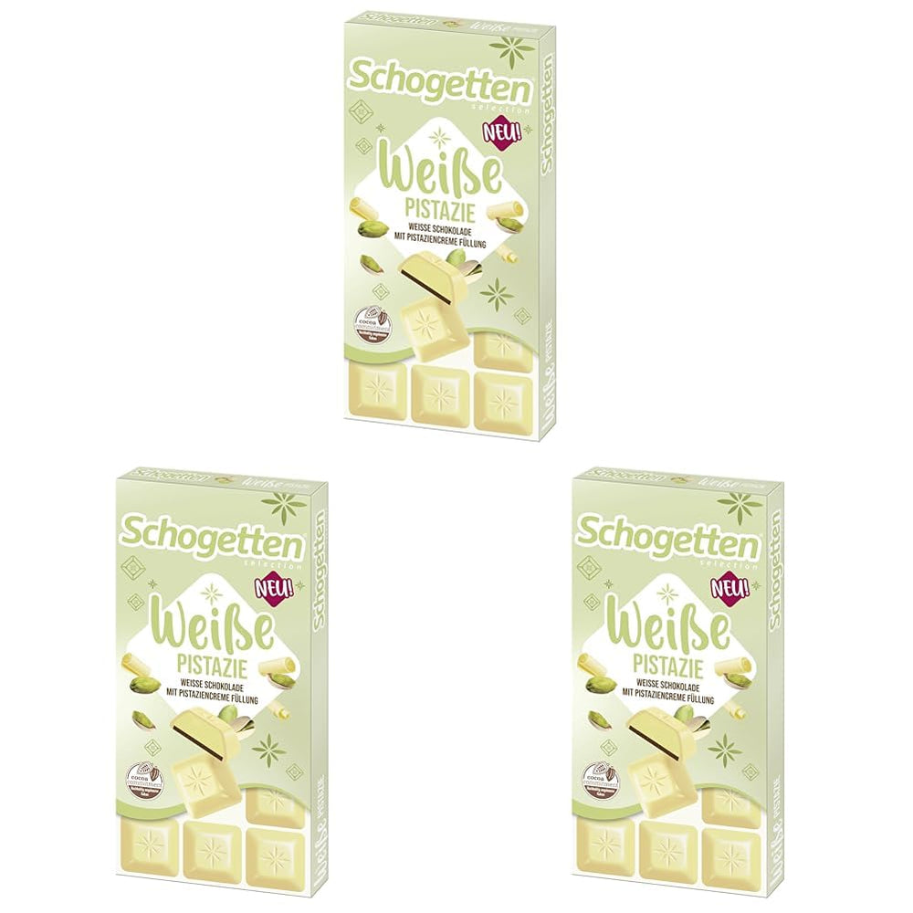 Schogetten Pistache Blanche | Chocolat blanc fourré à la crème de pistache | 100g | Idéalement portionné (paquet de 3)