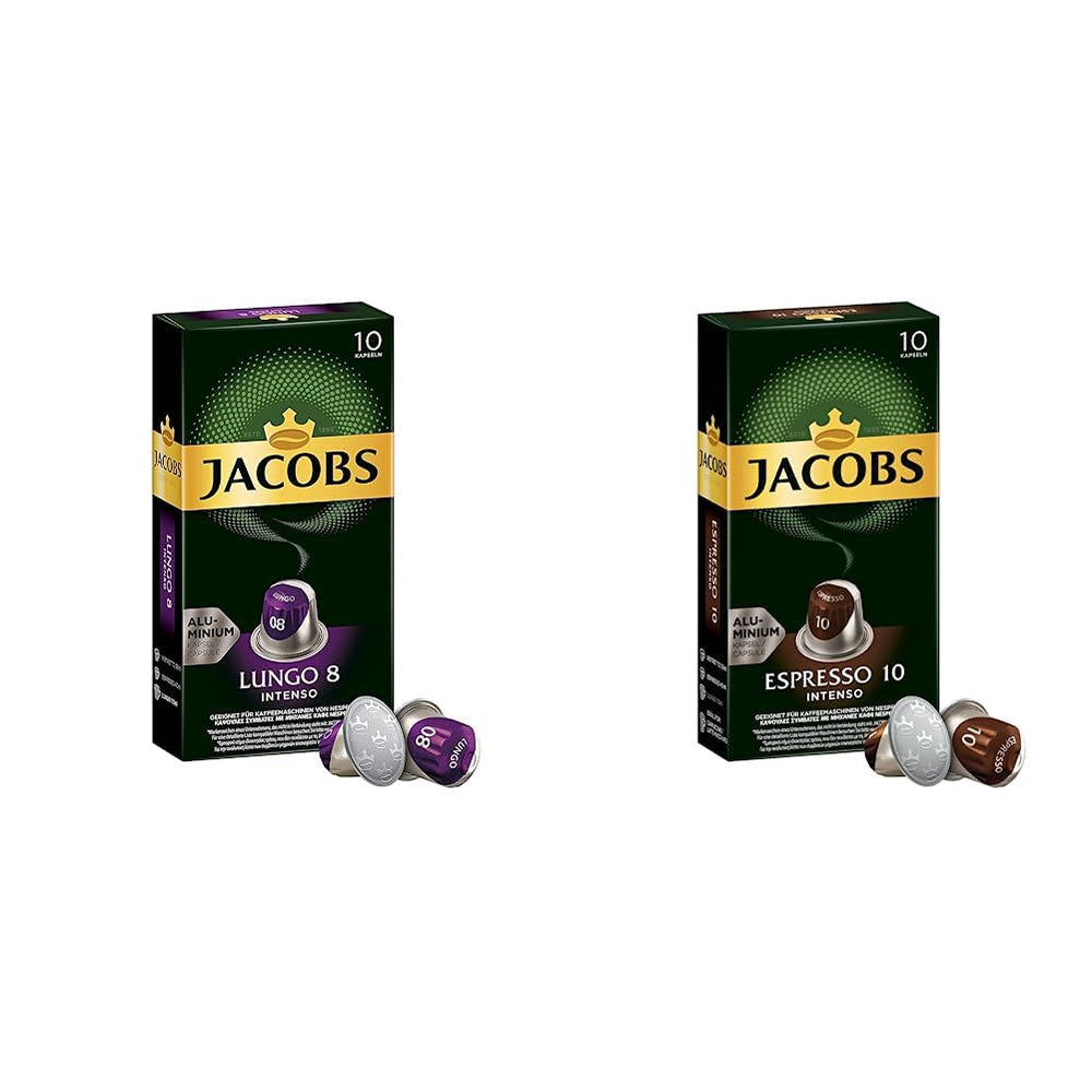 Jacobs Kapseln Lungo Intenso, Intensität 8 & Kapseln Espresso Intenso, Intensität 10,100 Nespresso®* compatible Kaffeekapseln, 10er Pack, 10 x 10 Getränke