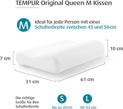 TEMPUR Oreiller de couchage original en mousse à mémoire de forme, oreiller ergonomique de soutien du cou pour dormeurs sur le côté et sur le dos, sensation ferme, Queen M (61 x 31 x 10/7), blanc