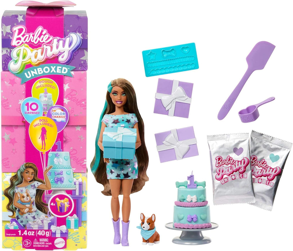 Păpușă Barbie Party fără cutie și accesorii, serie de aniversări pentru animale de companie, set de stele de petrecere cu 10 surprize, inclusiv efect de schimbare a culorii și decorațiuni pentru tort, JFG72