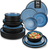 Service de table pour 6 personnes Vancasso PLAYA Service de table en porcelaine 24 pièces pour 6 personnes Bleu comprenant assiettes, assiettes Suma, bols et assiettes à salade Passe au lave-vaisselle et au micro-ondes