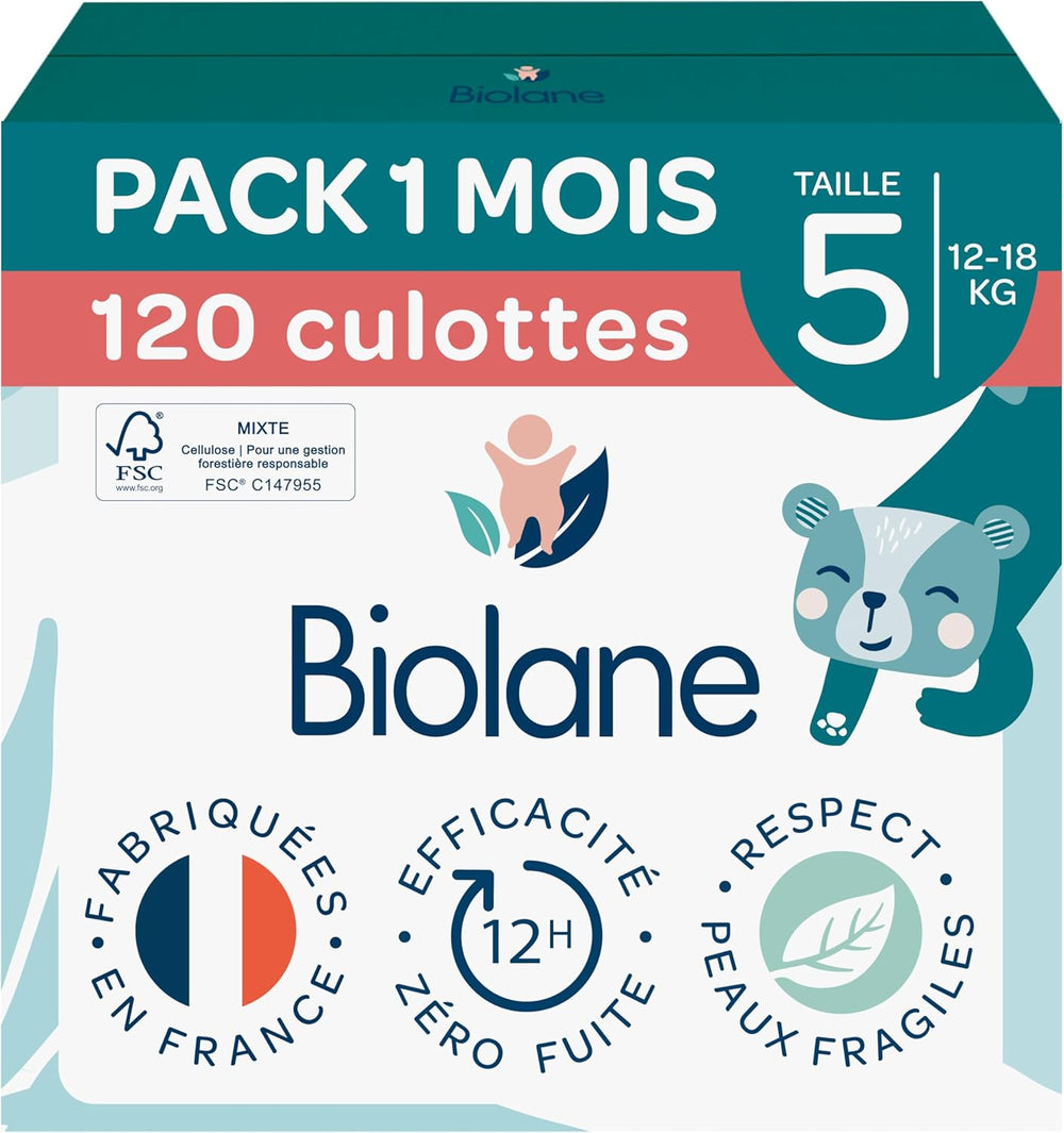BIOLANE - Couches courtes - Taille 5 (12-18 kg) - étanchéité 12 heures - pack 1 mois - 120 couches - écologique