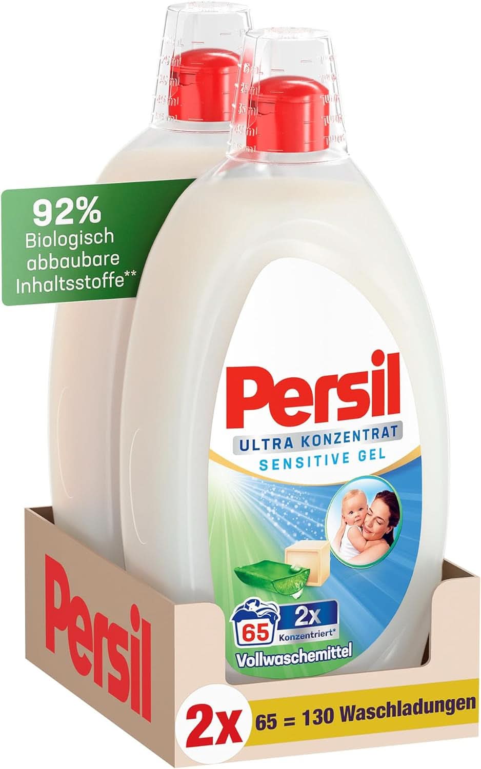Persil Ultra Concentrate Sensitive Gel (130 lavages), Lessive liquide pour allergies et bébés dans un flacon plus petit pour moins de plastique, Élimine les taches difficiles, Testés dermatologiquement Détergents à lessive Naty Shop