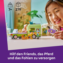 LEGO Friends Pferd and Fohlen mit Pferdeanhänger - Pferde Spielset mit Pflegezubehör, 4 Tierfiguren, Auto & 2 Mini Puppen - Geschenkeidee zum Geburtstag für Mädchen ab 7 Jahren - 42695