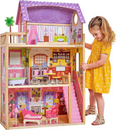 KidKraft Casă de păpuși Kayla din lemn cu mobilier și accesorii, set de joacă cu 3 niveluri pentru păpuși de 30 cm, jucărie pentru copii de la 3 ani în sus, 65092 - Exclusiv pe Amazon