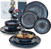 SANGER | Service de table Tokyo Service de table 12 pièces en grès pour 4 personnes comprenant des assiettes plates, des assiettes à dessert et des bols, bleu foncé avec des accents noirs | LA COLLECTION PREMIUM