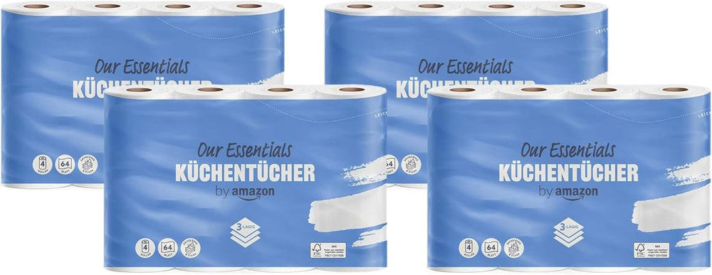 Par Amazon Rouleau de cuisine, 3 épaisseurs, 16 rouleaux (4 rouleaux, lot de 4), 64 feuilles par rouleau, certifié Fsc
