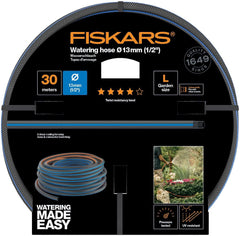 Fiskars L Tuyau d'eau, Protection UV, Testé sous pression, Rigidité en torsion 4 (sur 5), 30 m, Ø 1,3 cm (1/2"), 4,2 kg, Noir/Orange/Bleu, 1027105