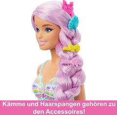 Barbie Meerjungfrauen-Puppe - mit Langen rosa Haaren und Accessoires für individuelles Styling, inklusive Bürste, wunderschönes Muscheloberteil und Pinker Schwanzflosse, für Kinder ab 3 Jahren, HRR00