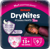 Huggies DryNites Couches pour énurésie nocturne pour filles de 13 à environ 17 ans (48-60 kg), lot de 27 couches (3 x 9) par mois