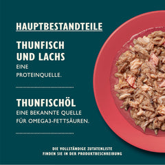 Fileuri tocate în bulion cu ton și somon, preparate cu ingrediente naturale, Lily's Kitchen, hrană umedă pentru pisici adulte, cutie de 70 g