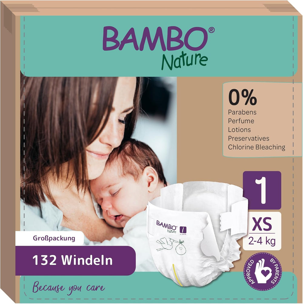 Couches pour bébé Bambo Nature, taille 1 (2-4 kg), boîte mensuelle de 132 unités | Couches haut de gamme avec protection améliorée contre les fuites | Confort et liberté ultimes pour les nouveau-nés | Couches testées dermatologiquement