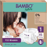Couches pour bébé Bambo Nature, taille 1 (2-4 kg), boîte mensuelle de 132 unités | Couches haut de gamme avec protection améliorée contre les fuites | Confort et liberté ultimes pour les nouveau-nés | Couches testées dermatologiquement