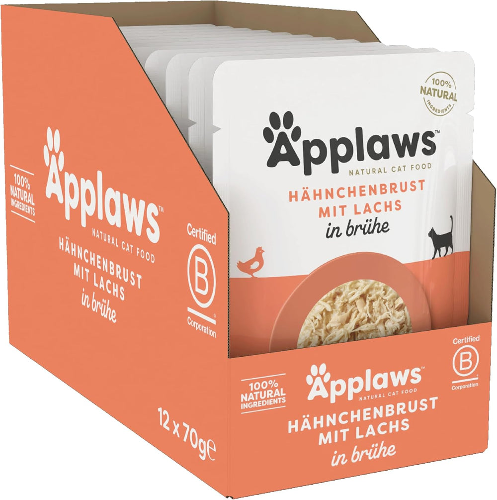 Hrană umedă pentru pisici Applaws 100% naturală, piept de pui cu somon în bulion - pachet de 12 pliculețe a câte 70 g