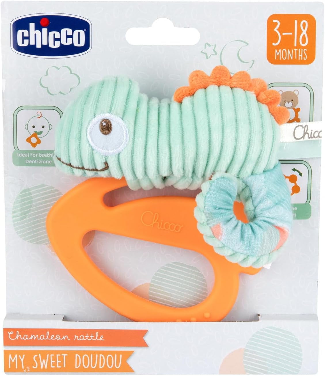 Jucărie Chicco My Sweet Doudou Chameleon, fabricată din țesături de înaltă calitate, inel din plastic moale, calmant în perioada de dentiție, jucărie pentru copii, 3-18 luni Jucarii Bebe Naty Shop