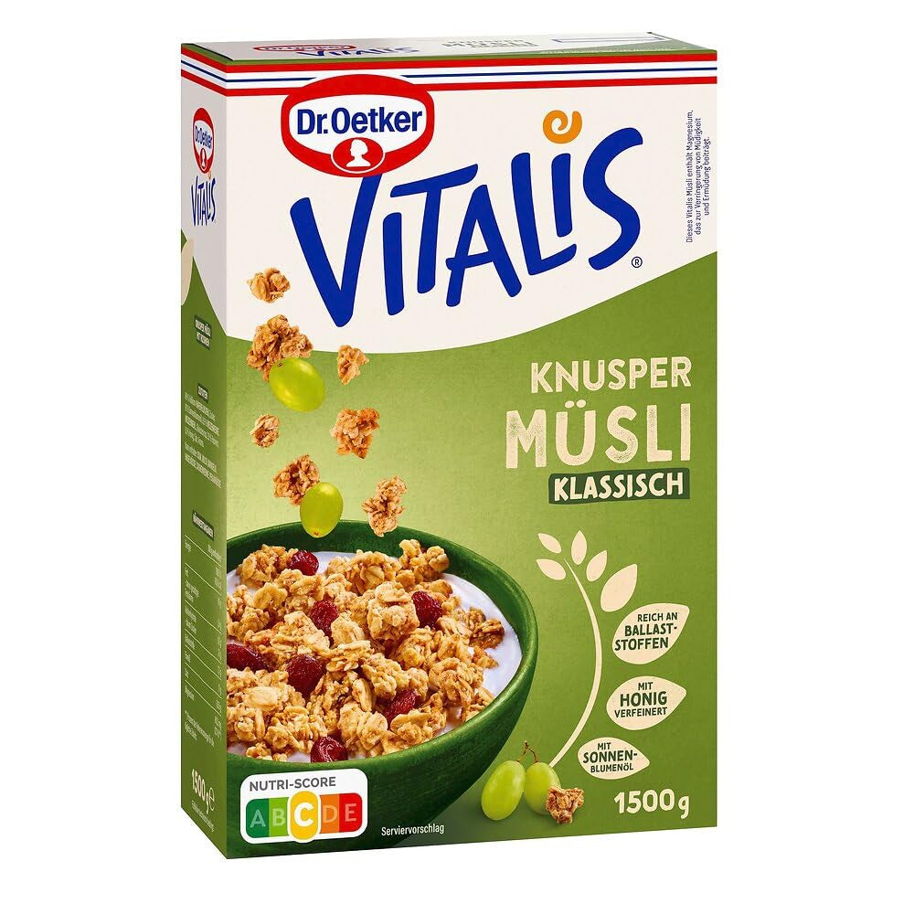Dr. Oetker Vitalis Classic Crispy Muesli : Grand paquet de muesli croustillant pour petit-déjeuner aux raisins secs, 1 paquet, 1,5 kg