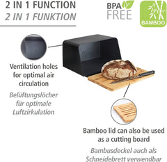 WENKO Corbeille à Pain Kubo avec Planche en Bambou, Rangement à Pain Polyvalent avec Couvercle et Planche à Découper en Bambou Intégrée, Boîte de Conservation des Aliments, Rangement du Pain Durable, 35 x 20,5 x 26 cm, Noir/Naturel Naty Shop