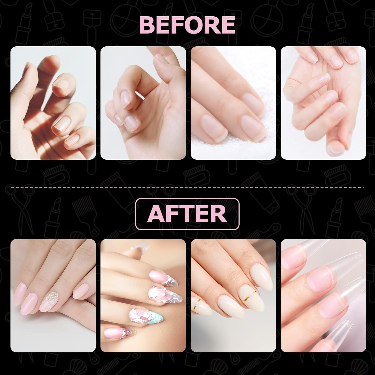 Tipuri de unghii, 500 bucăți de vârfuri de unghii false acrilice artificiale cu cutie de depozitare pentru saloane de unghii și nail art DIY acasă, 10 dimensiuni