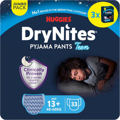 Huggies DryNites Couches pour énurésie nocturne, garçons de 13 à 17 ans environ (48-60 kg), 33 pièces (3 x 11), paquet mensuel géant, slip XL