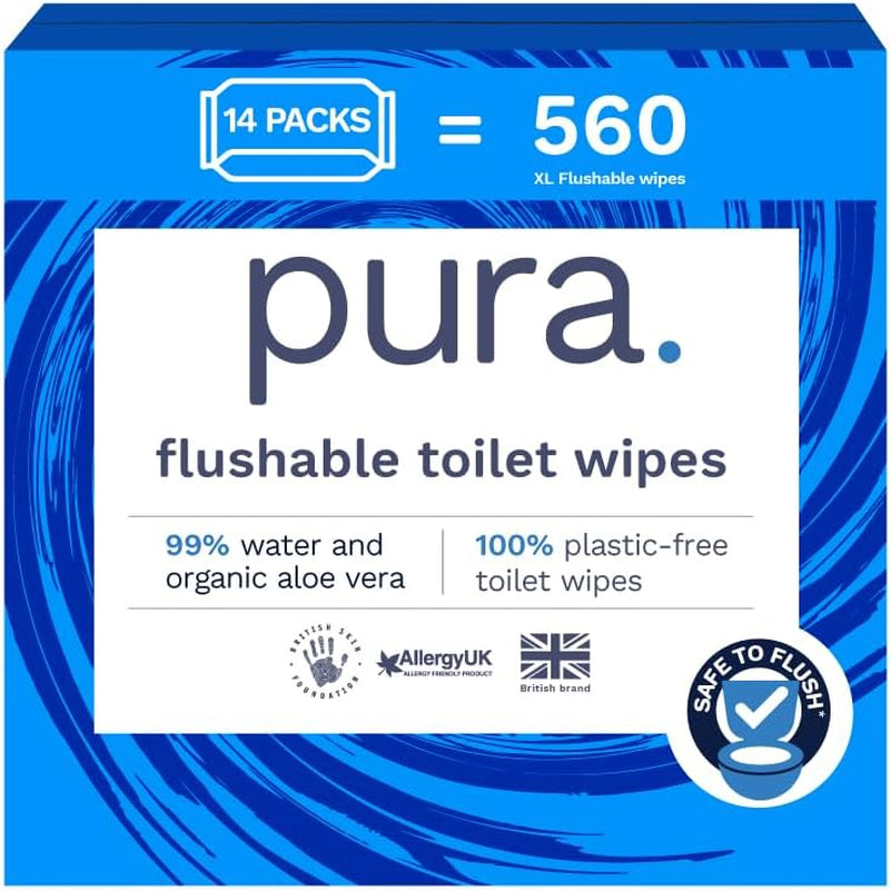 Șervețele umede ecologice, de unică folosință, 560 de șervețele (14 x 40 de șervețele), pachet lunar, 100% fără plastic, 99% apă, șervețele umede sensibile și îngrijitoare, certificate „Fine to Flush”, biodegradabile, vegane