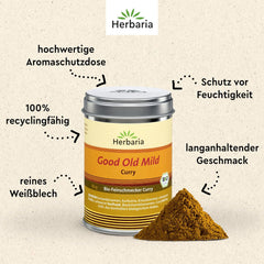 Herbaria Good Old Mild Curry bio 80g M-Dose – Currypulver, Currymischung - Bio-Gewürzmischung für klassische Curry-Spezialitäten z.B. Currywurst - erlesenen Ingrédient dans nachhaltiger Aromaschutz-Dose