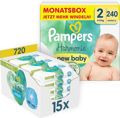 Set Harmonie Baby cu scutece mărimea 2 (4-8 kg, 240 bucăți) CUTIE LUNARĂ și cutie șervețele umede Harmonie Aqua Baby 720 șervețele (15 x 48), articole esențiale pentru bebeluși