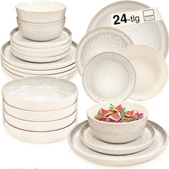 SÄNGER Key West | Service de table en grès 24 pièces pour 6 personnes, 6 assiettes à dîner, bols à céréales, assiettes à dessert, bols à pâtes, vaisselle à la crème avec texture sable | LA COLLECTION VALEUR