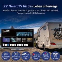 Televizor LED Falcon Full HD de 22 de inci cu LG WebOS SMART WiFi, potrivit pentru camping/autorulote (12V/24V), DVD player, Bluetooth, HDMI, USB, Paramount Plus, Magenta, Netflix, Prime Video, Disney Plus, DAZN și streaming IPTV