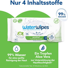Lingettes humides WaterWipes Sensitive+ Hydrating Boost, lingettes hydratantes, 360 pièces (paquet de 6), nettoyage 3 en 1, soin, hydratation, 99 % d'eau d'aloe vera, lingettes pour bébé non parfumées