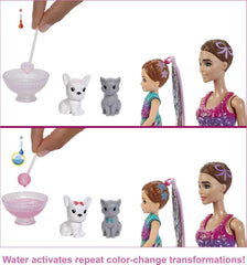 Barbie GXJ88 - Petrecere Surpriză Dezvăluire Culoare, +50 Surprize: 1 Păpușă, 1 Păpușă Chelsea, 2 Animale, 6 Schimbări de Culoare, Accesorii și Mai Multe, Set Petrecere Dansantă, Jucărie Cadou pentru Copii cu Vârsta de 3 Ani și Peste