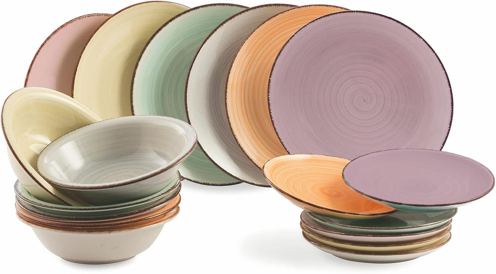 2197966 Service de table Baita Aquarelle, 18 pièces, grès peint à la main, 6 plateaux différents