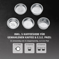 CASO EspressoGourmet Crema - Machine à expresso porte-filtre avec mousseur à lait, expresso, cappuccino, porte-filtre en acier inoxydable, pompe ULKA 20 bars, machine à café, café moulu, capsules ESE