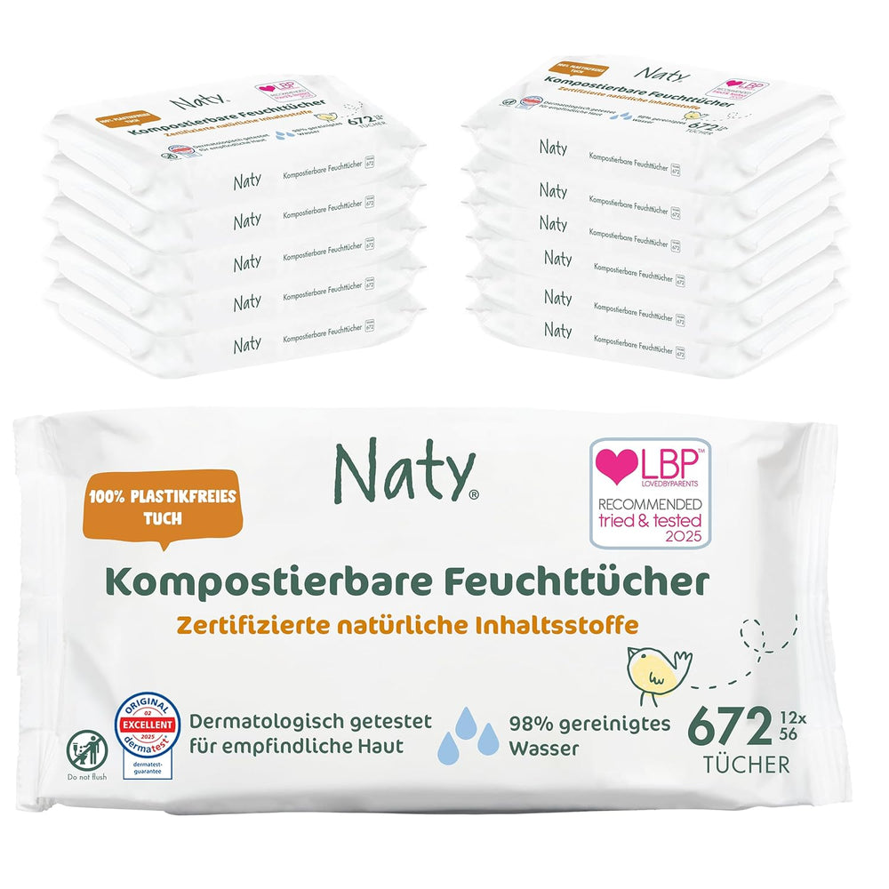 Lingettes Naty pour bébé | 100 % à base de plantes et sans parfum pour les peaux sensibles | Lingettes sans plastique et certifiées compostables avec de l'eau purifiée à 98 % | 672 lingettes (12 paquets)