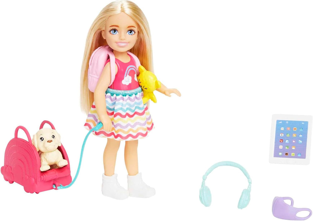 Barbie-Spielzeug, Chelsea-Puppe und Accessoires, Reiseset mit Hündchen und 6 Teilen, einschließlich Hundetragekorb, HJY17