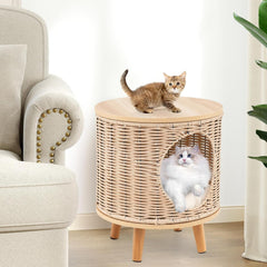 Katzenhaus Rattan, Katzenmöbel mit Holzbeinen & weichem Kissen, 3 in 1 Katzenhöhle Fußhocker Nachttisch, Katzenbett stabil bis 30 kg für Wohnzimmer Schlafzimmer