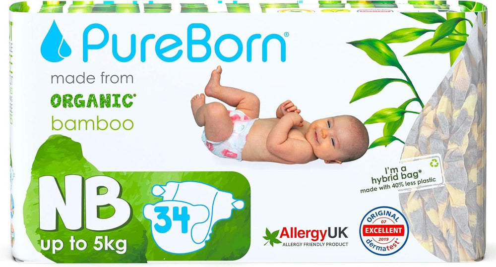 Couches en bambou biologique Pureborn Eco, taille pour nouveau-nés jusqu'à 5 kg, ultra douces, hypoallergéniques, avec indicateur d'humidité, imprimés variés Mère et Enfant Naty Shop Newborn (34 pcs)