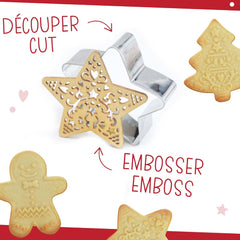 SCRAP COOKING 2093 Set de pâtisserie avec coupe-chat en acier inoxydable et gaufrier en bois adapté au contact alimentaire de Noël