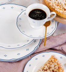 Mäser Lova Series Service à café en porcelaine 18 pièces – 6 assiettes à dessert (19,5 cm), 6 tasses (19 cl) et 6 soucoupes (15,5 cm), Bleu