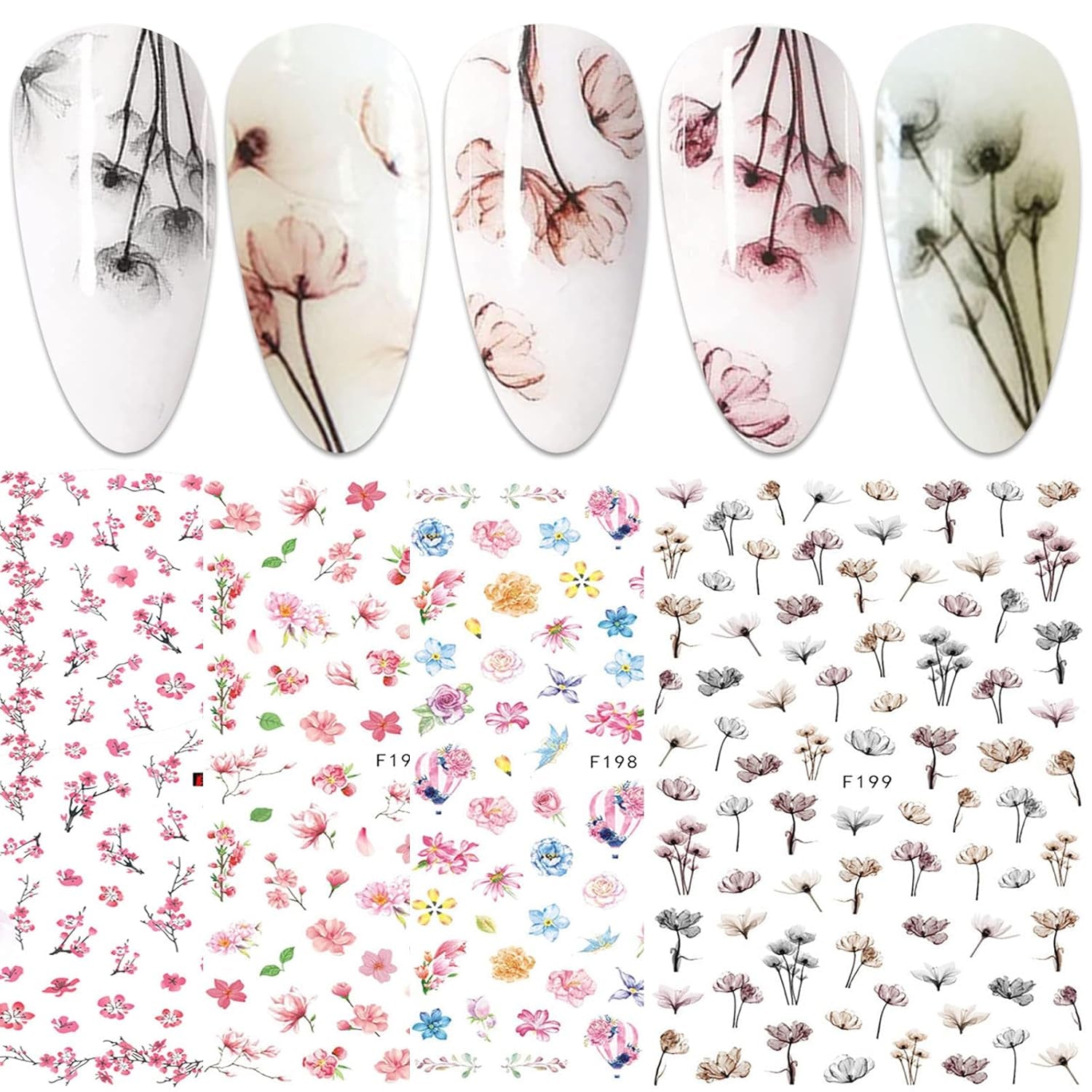JMEOWIO Nagelsticker Frühling Blume 9 Blatt Nagelaufkleber Selbstklebend Rosa Blüte Nail Art Sticker Dekoration Nageldesign Zubehör