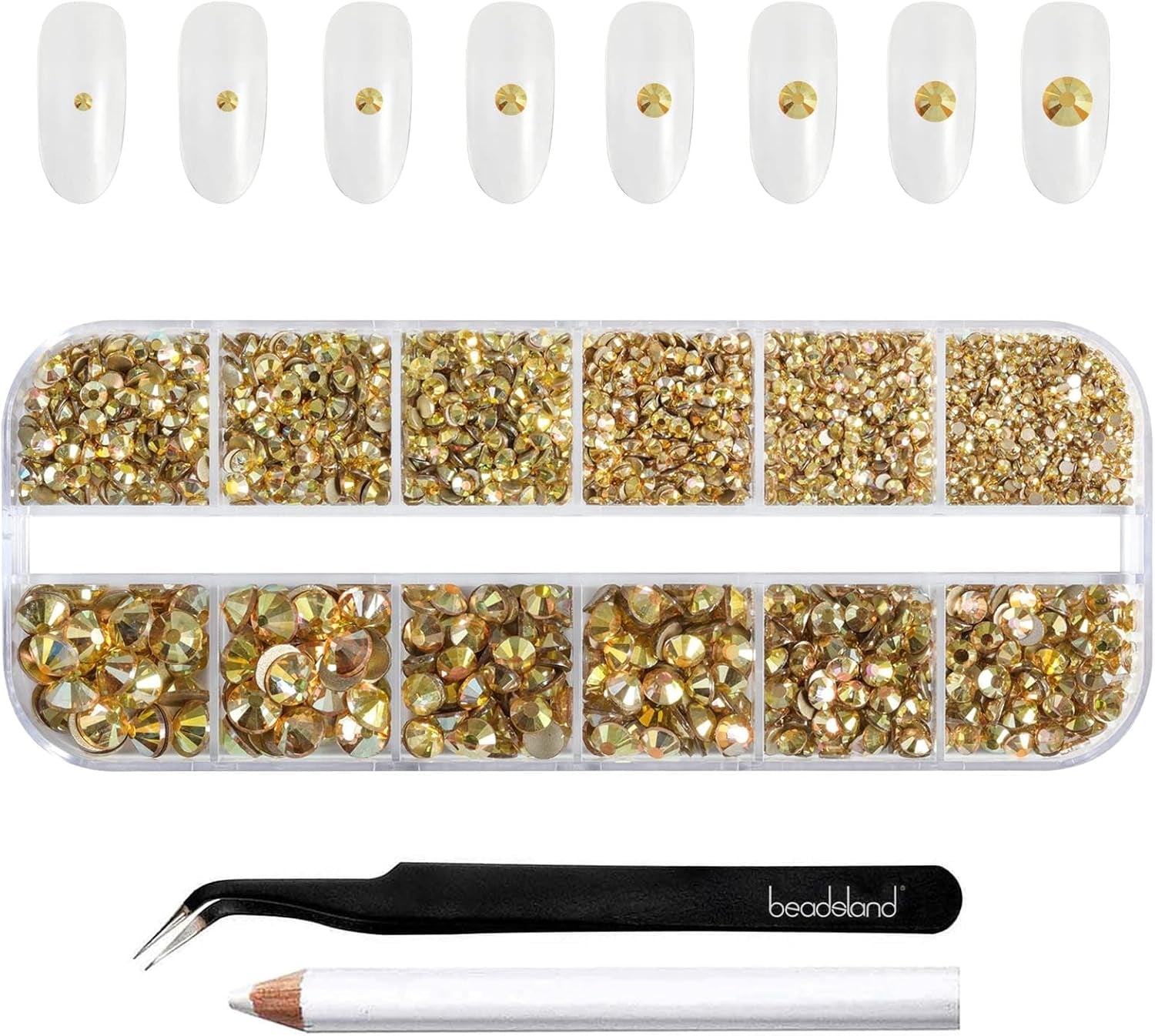 Beadsland 2500Pcs Glas Nailart Strasssteine Kristall Flatback Edelsteine Runde, Für Handwerk Gemischt 8 Größen SS4 ~ SS30 Mit Picking Pinzette Und Stift (Kristall Weiss)