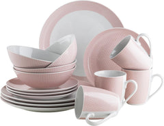 MÄSER Kitchen Time II, Set de veselă pentru 4 persoane, Serviciu combinat cu 16 piese în culori pastelate cu model subtil, Porțelan, Roz