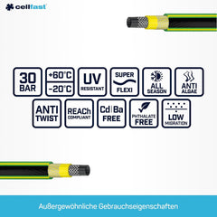CELLFAST Tuyau d'arrosage 5 Couches Tuyau d'arrosage Double Tressé Tuyau d'irrigation transfrontalier résistant aux UV Anti-Algues Flexible 30 Bar 3,4" 50 mètres Vert