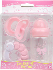 JC Toys- Lot de 3 accessoires pour poupées (biberon, tétine et hochet), rose et blanc, convient à toutes les poupées jusqu'à 50 cm, +2 ans